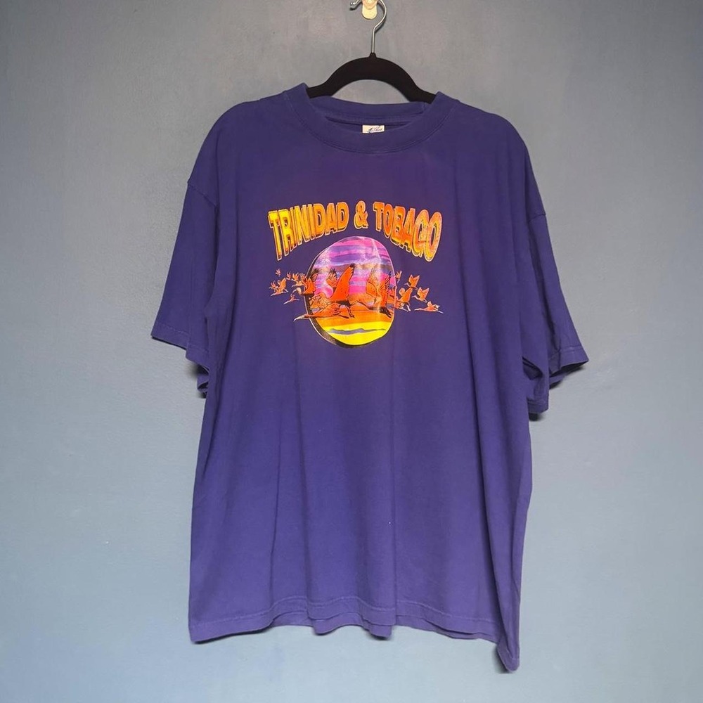 Trinidad & Tobago T Shirt Size XL Blue 100% Combed Cotton Sunset Birds VTG 90s